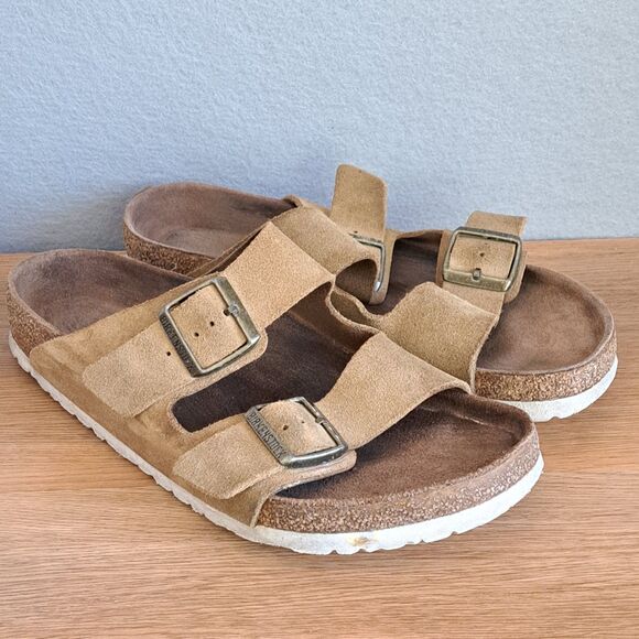 Birkenstock Arizona Men’s Size 9 / EU 42 Tan SuedecLeather Buckle Slides Sandals - Picture 1 of 9